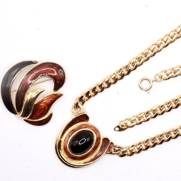 Vintage Mint Trifari TM Brown Enamel Black Cabochon Necklace Set - Picture 4 of 9